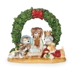 5.5" Dog Holy Family Nativity Pageant With Green Wreath Arch