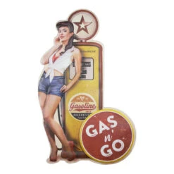 American Gas Pump Pinup Brunette Embossed Metal Sign