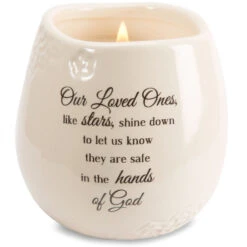 8 Oz. Soy Wax Sympathy Memorial Candle Our Loved Ones Safe In The Hands Of God With Tranquility Scent