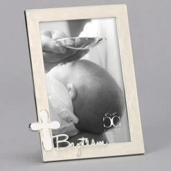 Baptism Frame With Silver Cross Holds 4x6 Photo