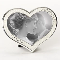 Rhinestone Ivory Enamel Heart Shaped Picture Frame Holds 5" X 7" Photo