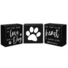 Set Of 3 Wood Block Sentiment Love Dog Heart Pawprints 4" X 4"