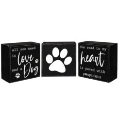 Set Of 3 Wood Block Sentiment Love Dog Heart Pawprints 4" X 4"