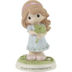 Precious Moments So Lucky To Have A Friend Like You Brunette Girl Holding A Four Leaf CloverFigurine