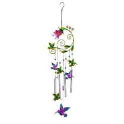 Glass Metal Flower With Hummingbird Windchime