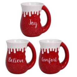 16 Oz. Holiday Drip Red Cozy Hand Warmer Mug With Sentiments Believe, Comfort, Joy