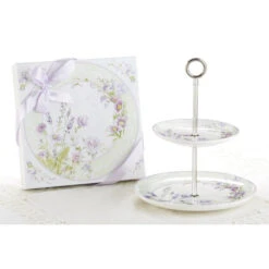 11" Porcelain 2-Tier Dessert Stand Lavender Rose In Gift Box