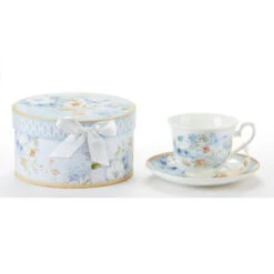 Porcelain Tea Cup & Saucer Blue Butterfly In Gift Box