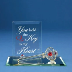 You Hold The Key To My Heart With Gold Key And Red Crystal Heart Glass Figurine