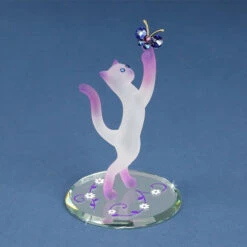 Frosted White And Pink Princess Cat With Crystal Butterfly Glass Figurine