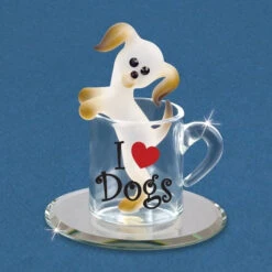 I Love Dogs Frosted Puppy In A Cup With Black Crystals Glass Figurine