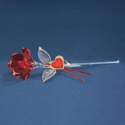 Blossoming Red Rose With 22Kt Gold Trimmed Long Stem Glass Figurine